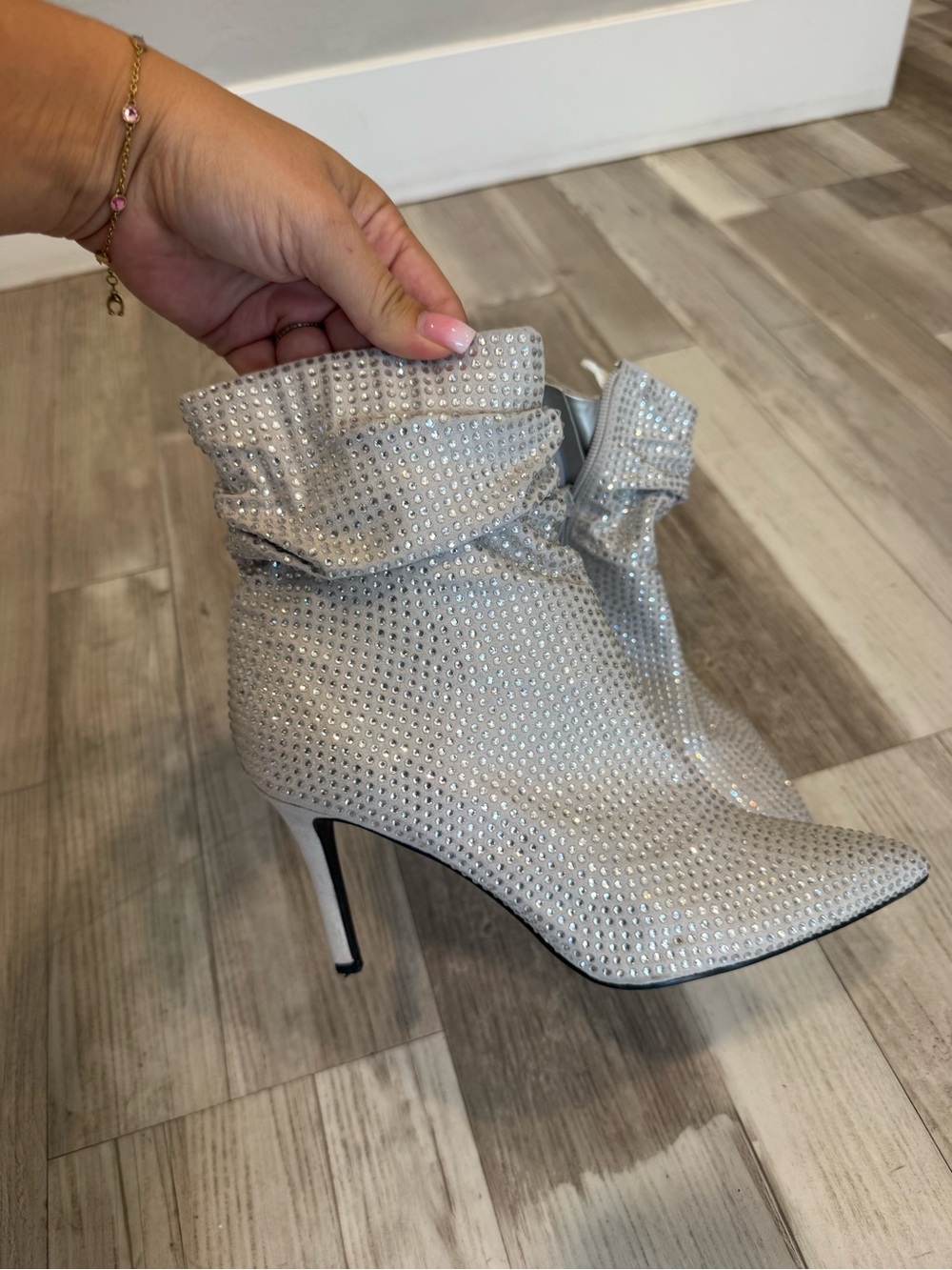 Silver Rhinestone Pointed Toe Stiletto Ankle Boots - Women's